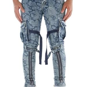 VALABASAS V39 PAISLEY Blue DENIM Cargo Straps Jeans Pants W32L32